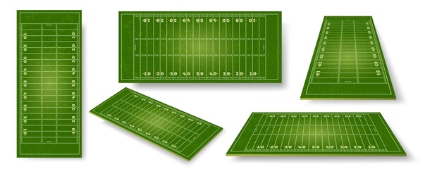 American football field. Realistic ball sport pitch sheme with zone markings. Stadium grass court perspective, side and top view vector set