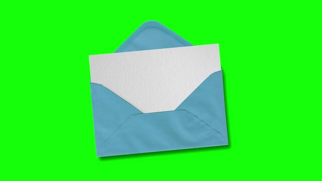 3d animation envelope paper opening with blank card into on green screen