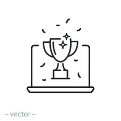 competition win icon, winner award ceremony, success online contest, game champion reward, prize in pc, computer with golden cup, thin line symbol on white background - editable stroke vector