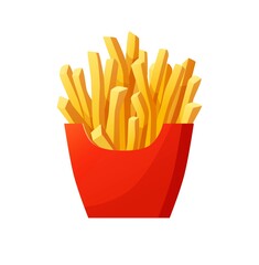 French fried potato in a red pack box. Fast food, junk. Cartoon vector illustration.