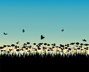 blumenwiese, klee, blatt, blume, gras, silhouette, wiese, schmetterlinge, fliegen, jahreszeit, vektor, sonnenaufgang, sonnenuntergang, abendrot, abenddämmerung, romantisch, himmel, sonne, frühling