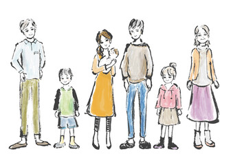 三世代家族の全身の手描きイラスト素材
