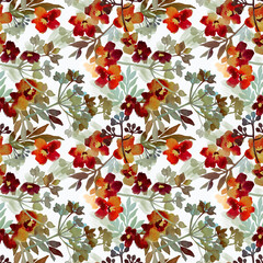 Watercolor seamless botanical blur pattern with tropical flowers, leaves, twigs on a white background