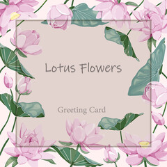 Botanical greeting card design, pink lotus flowers and leaves on light background, vintage style.Design for wedding invitations, natural cosmetics, health care and ayurveda products