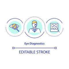 Eye diagnostics concept icon. Assess vision and ability to focus idea thin line illustration. Tests and examinations. Optometrist. Vector isolated outline RGB color drawing. Editable stroke