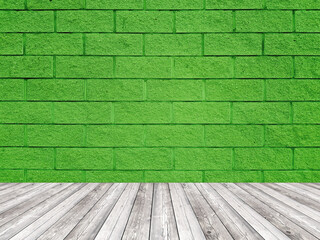 Brick wall with regular shapes and a rough surface. Empty green background with floor