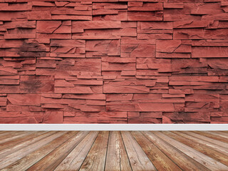 Decorative red wall tiles with a wooden floor. Empty room background