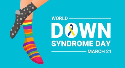 World Down Syndrome Day, with blue and yellow ribbons and colorful socks, as a poster, banner or template, vector illustration.