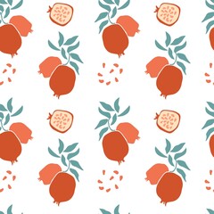 Seamless pattern of fresh fruit red pomegranate with green leaf, seed in hand drawing style isolated on white background. Vector flat illustration. Design for textile, wallpaper, wrapping, backdrop
