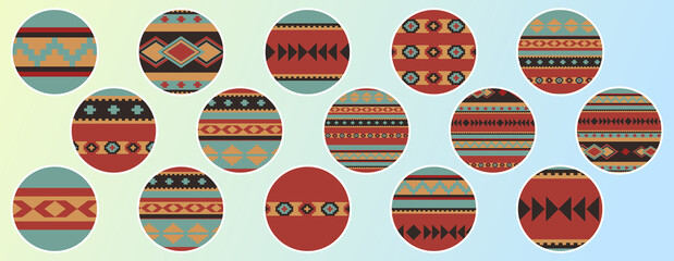 Set of round design elements. Boho ethnic geometric patterns. 15 story highlight covers, icons, labels, stickers. For shops, bloggers, social media.