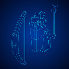 Medieval Bow and arrow archer weapon. Wireframe low poly mesh