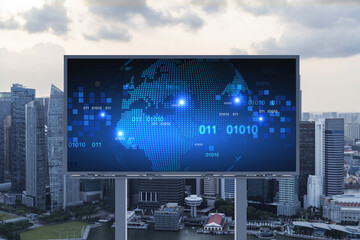 Hologram of Earth planet map on billboard over sunset panoramic cityscape of Singapore. The concept of international companies in Southeast Asia.