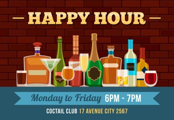 Bar happy hour poster. Alcoholic drinks offer for pub. Bottles and glasses with booze, beer and cocktails. Free alcohol flyer vector concept