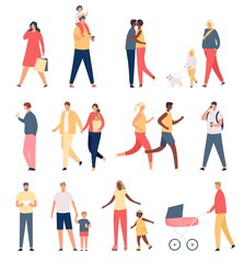 Fototapeta na wymiar Walking adults and kids. Flat parents, children, happy family and couples. Father with stroller, mother and girl walks dog. Crowd vector set