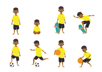 Boys playing sports set. Children play skateboard, soccer, basketball with ball isolated on white background