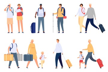 People travel. Tourists couple, families and kids with suitcase, bag, map and camera. Airport passenger with luggage on vacation vector set