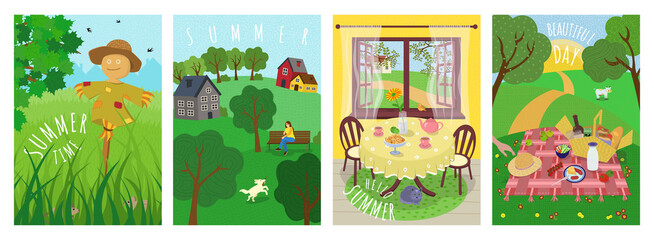 Fototapeta premium Hello Summer cute vector poster set. Outdoor picnic on grass, scarecrow in agricultural field, dog walking in countryside park, vacation in nature and village rest banners. Summertime hand drawn card