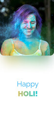 layout card with merry beautiful woman celebrating Holi festival