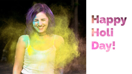 Layout card with smiling woman with violet hair celebrating Holi festival