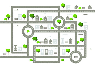 Baby City map with roads, trees and houses. Flat vector illustration.