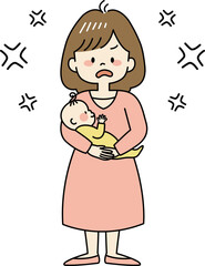 ムカムカしながら怒るお母さんと赤ちゃん（全身）	
