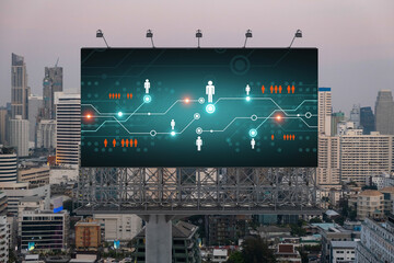Glowing Social media icons on billboard over sunset panoramic city view of Bangkok. The concept of...