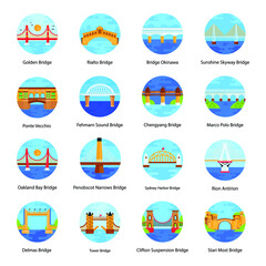 Famous Bridges in Flat Rounded Icons
