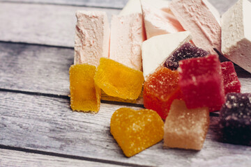 colorful marmalade sweets delicacy snack close-up studio