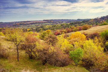 View of colorful hills in autumn. Beautiful nature landscape.  Ukraine