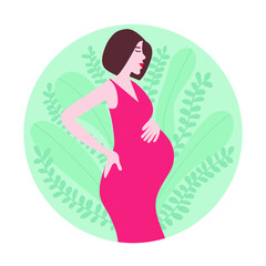 Pregnant woman vector illustration. Woman holds her belly. Vector stock illustration. Pregnancy flat logo. Different leaves background.