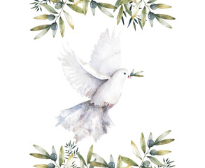 Pigeon and olive clip art digital drawing watercolor bird fly peace dove for wedding celebration illustration similar on white background - 421225937