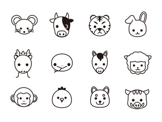 十二支　干支　線画　アイコン　セット　イラスト素材