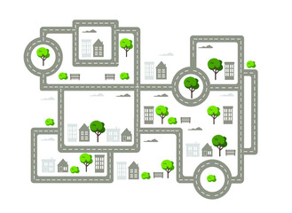 Baby City map with roads, trees and houses. Flat vector illustration.