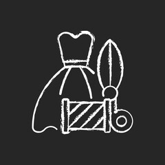 Wedding and prom gown alterations chalk white icon on black background. Dress sewing and fixing. Garment restoration. Clothing alteration and repair services. Isolated vector chalkboard illustration
