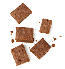 stack of baked chocolate brownie pieces with walnut isolated on white background
