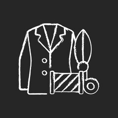 Custom suits and shirts chalk white icon on black background. Professional tailor studio. Garment restoration. Clothing alteration and repair services. Isolated vector chalkboard illustration