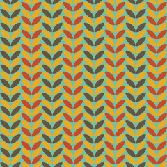 Retro hippie seamless pattern, 60s - 70s background. Modern vintage vector illustration with leaves. Geometric ornament.