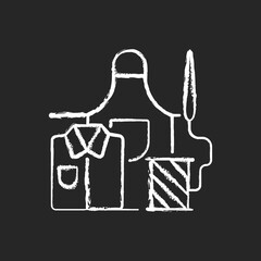 Work clothes repair chalk white icon on black background. Sewing industrial outfit on manufacture. Garment restoration. Clothing alteration and repair services. Isolated vector chalkboard illustration