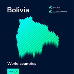 Stylized striped digital neon isometric vector map of Bolivia with 3d effect. Map of Bolivia is in green and mint colors on the dark blue background