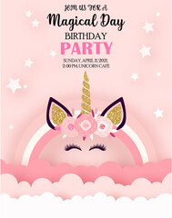 Unicorn Birthday party invitation. Welcome baby greeting card. Vector paper art	
