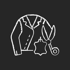 Leather and suede repair chalk white icon on black background. Damaged apparel. Tailor salon. Garment restoration. Clothing alteration and repair services. Isolated vector chalkboard illustration