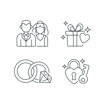 Wedding linear icons set. Man and woman engagement ceremony. Thin line customizable illustration. Contour symbol. Vector isolated outline drawing. Editable stroke