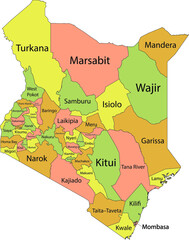 Pastel vector map of the Republic of Kenya with black borders and names of its counties