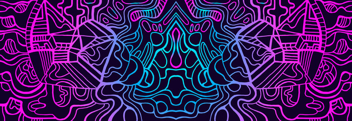 Abstract psychedelic trippy cyberpunk abstract texture, bright pink, electric blue, neon gradient color outline, black background.