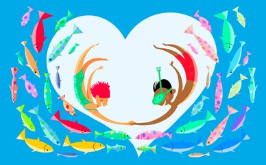 Summer background with two kids and many multicolored fish