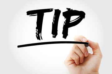 TIP - Theory Into Practice acronym with marker, education concept background