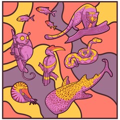 stained glass window with wild animals. Tarsier, fish, hornbill, whale shark, snake, cat, nautilus. Vector illustration. Tourism, discovery, adventure life.