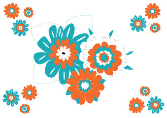 Creative hand drawn bunch of mixed flowers, cartoon style, orange turquoise white color combination, isolated
