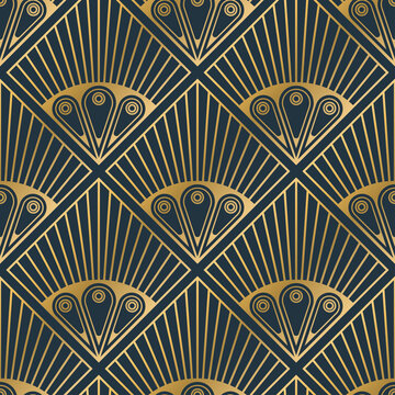 Luxury abstract seamless patterns, retro golden lines texture background, peacock feather shape, vector illustration