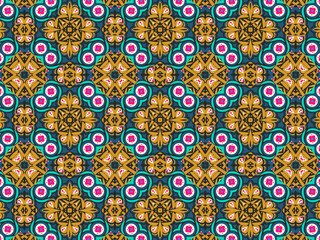 Wallpaper Geometric Ornament Abstract Pattern Green, Black, Blue, and Gold Yellow with Red Dots For print and Background. Geometric Tile Digital Paper.